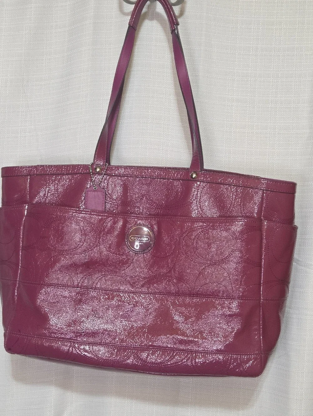 Coach F17940 Signature Fuchsia Baby Diaper Bag Tote Patent Leather
